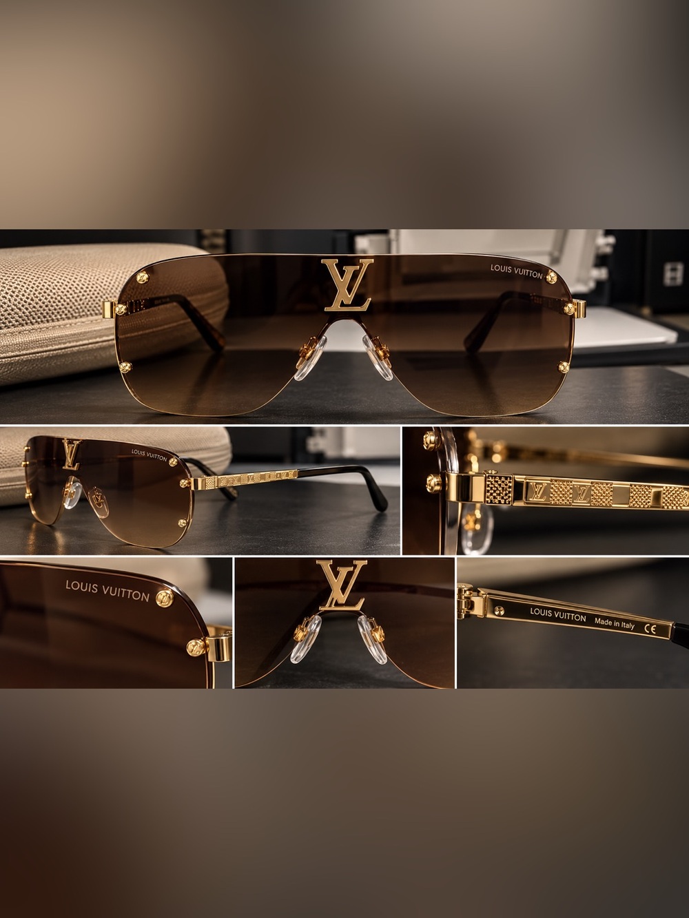 Louis Vuitton Brown & Gold Shield Sunglasses for Women